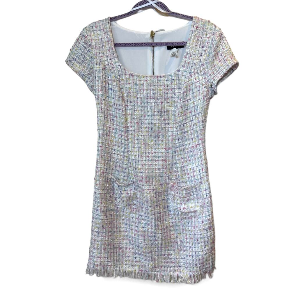 Vintage 90s Tweed Mini Dress Size 5/6 Pastel Bouclé Zip Back Short Sleeve